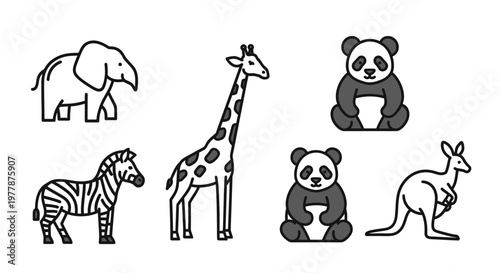 Black and white zoo animals group.