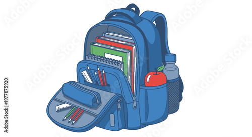 Blue Backpack with School Supplies Inside.
