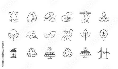 A set of eco-friendly icons representing sustainable living and environmental conservation