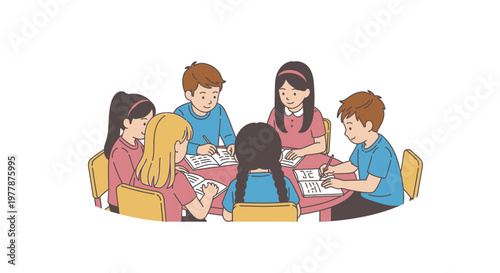 Children sitting at table with teacher.