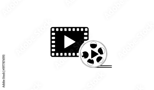 A minimalist vector graphic of a film strip and play button icon