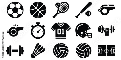 Modern sports vector icons with athletic equipment, team gear, and training elements, suitable for fitness websites, sports events, and health-related content.