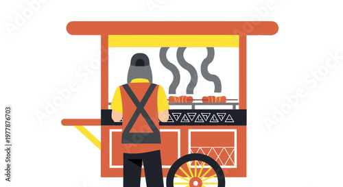 Traditional Sate Vendor with Food Cart, Flat Vector Illustration of Indonesian Street Food Culinary with Male Character.
