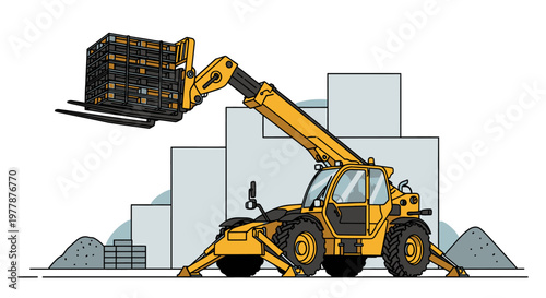 Yellow construction forklift lifting heavy load.