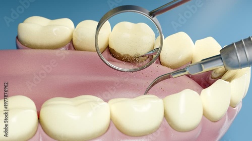 3D dental animation showing plaque removal using dental tools and mirror. The scaler cleans tooth surfaces along the gumline. Dentistry cleaning procedure visualized in a realistic medical CGI style.