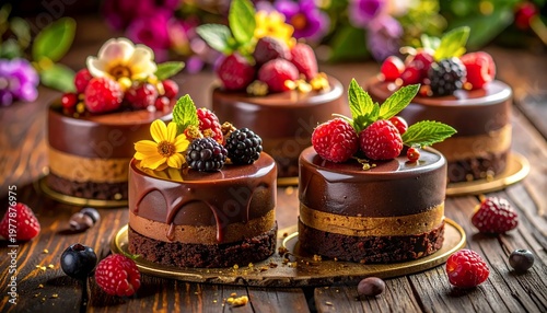Decadent Chocolate Berry Mini Cakes with Fresh Fruit and Edible Flowers on Rustic Wooden Table.