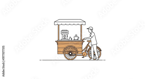 Mobile Coffee Cart on Bicycle, Street Vendor Serving Hot Drink, Urban Lifestyle