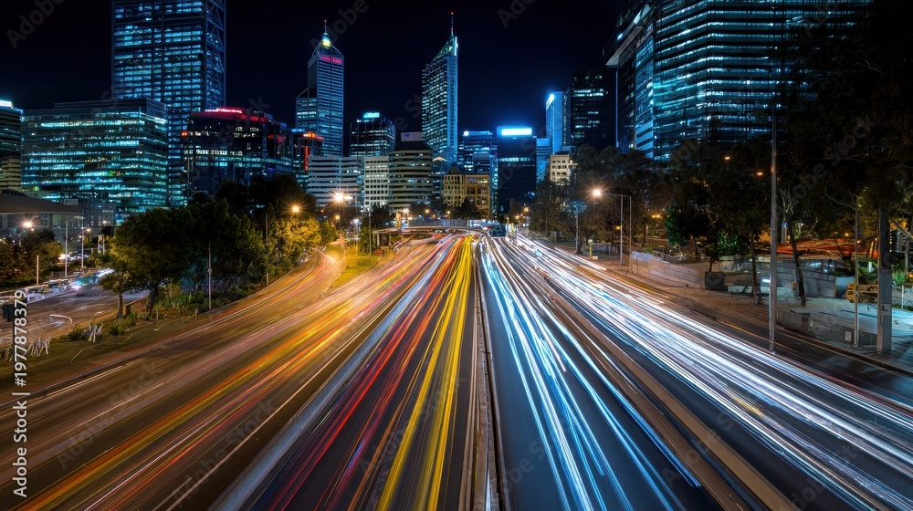 Naklejka premium Modern City Nightscape: Dynamic Light Trails on Urban Highway
