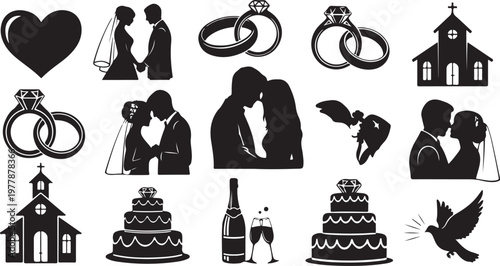 Wedding icons and symbols in black silhouette style collection