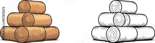 Hay bales illustration & outline set isolated on transparent background