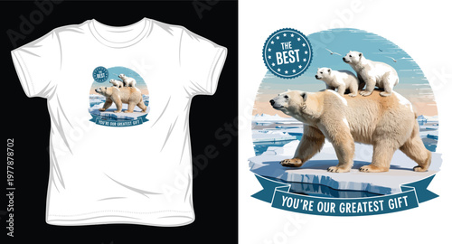 A cute polar bear family design with parent bear carrying two cubs on its back, for t-shirt or merchandise.