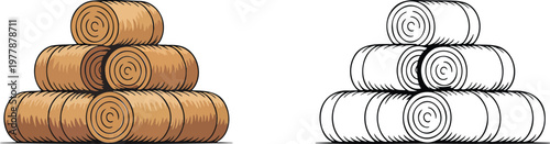 Hay bales illustration & outline set isolated on transparent background