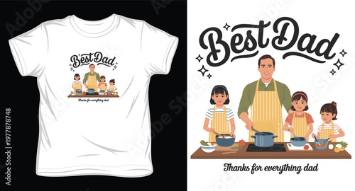 Best dad father and three kids cooking together in kitchen, cute vector for t-shirt design or poster.