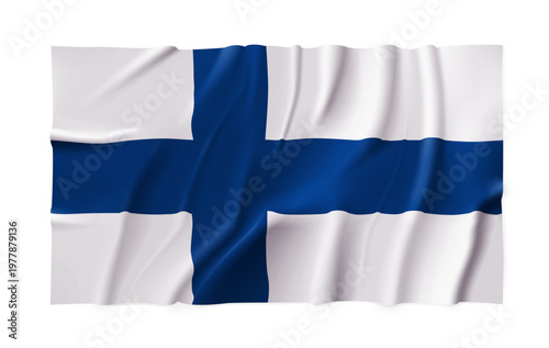 Realistic Finland country flag isolated on a transparent background. Silk atlas detailed fabric flag. Vector PNG