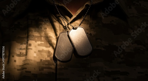 Military dog tags close up on camouflage uniform with copy space, brushed metal identification pendant representing veteran honor and army service recruitment