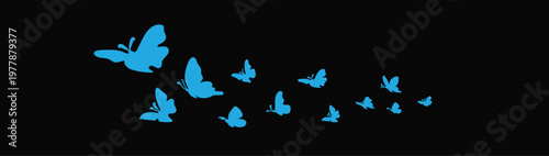 Blue vector silhouettes of flying butterflies swarm on black background, neon style insect trail icons for creative tech or nature design.