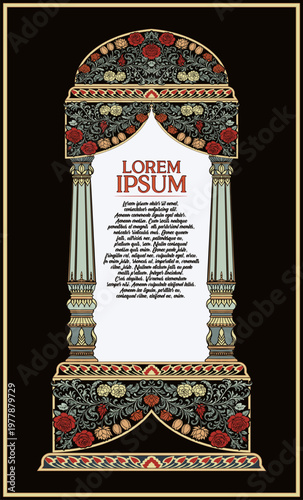 Persian Islamic Floral Arch Frame with Roses Tulips Lotus Arabesque Wedding Invitation Template