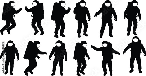 astronaut, silhouette, space, suit, cosmonaut, zero, gravity, floating, walking, set, vector, illustration, 