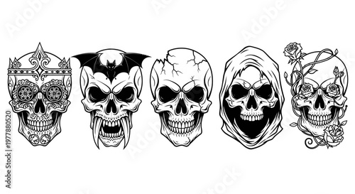 Collection of decorative skull illustrations.