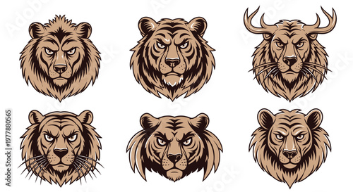 Collection of six tiger animal heads.