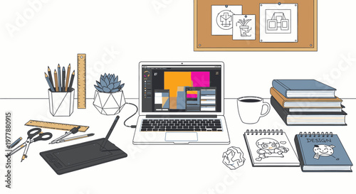 Laptop on a desk with office supplies.