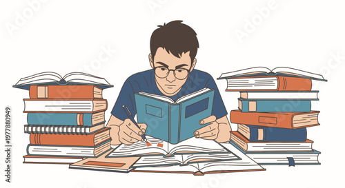 Man reading book with glasses on.