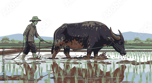 Man working with big black ox.