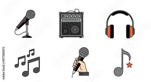 Music Microphone Headphones Musical Notes Icons.