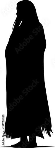 Native Female Figure in Ethnic Dress: Silhouette of Woman with Shawl and Long Skirt