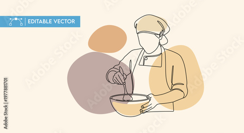 Minimalist line art vector illustration of a professional chef mixing ingredients in a large bowl.