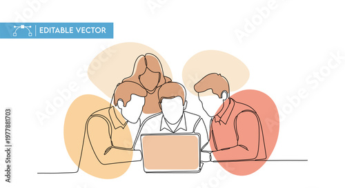 A professional business team collaborating on a digital laptop project in this creative flat vector graphic illustration.