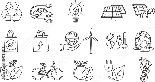 Simple black and white vector illustration showing a collection of various eco-friendly sustainable lifestyle icons.
