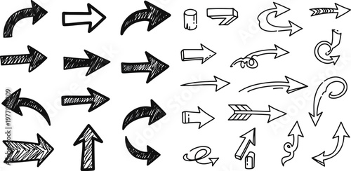 Collection of Hand-Drawn Arrow Icons in Various Styles, Showing Direction and Movement