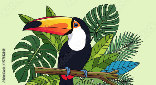 Vibrant toucan perched on a branch amidst lush tropical foliage.