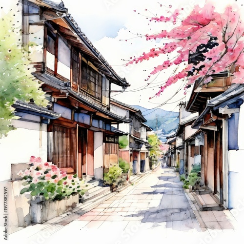 an AI Image Generator, Charming Traditional Japanese Street Surrounded by Blossoms