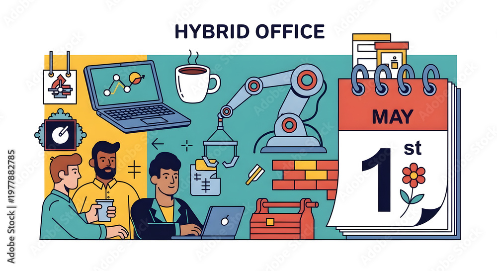 Fototapeta premium Hybrid Office Workers With Robot And Calendar For Business Technology Concepts