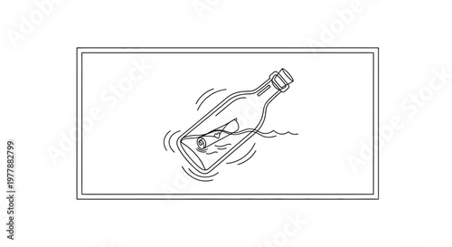 Message in a Bottle Floating on Water, Hand-Drawn Style