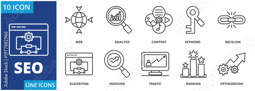 SEO icon collection set. Containing Web, analysis, content, Keyword, backlink, algorithm,indexing,traffic, ranking, optimization  icon. simple line vector.	