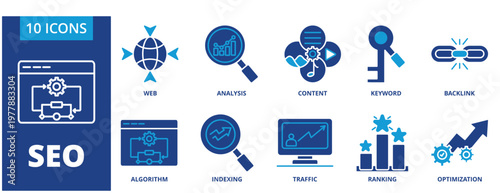 SEO icon collection set. Containing Web, analysis, content, Keyword, backlink, algorithm,indexing,traffic, ranking, optimization  icon. dual tone vector.	
