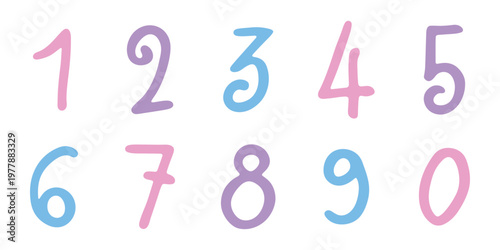 Hand drawn colorful numbers 1 2 3 4 5 6 7 8 9 0 Stylish brush painted numbers doodle Count, math, kids education