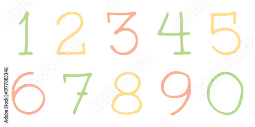 Hand drawn colorful numbers 1 2 3 4 5 6 7 8 9 0 Stylish brush painted numbers doodle Count, math, kids education