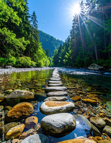 Stepping Stones Across a Serene Mountain River on a Bright Sunny Day.