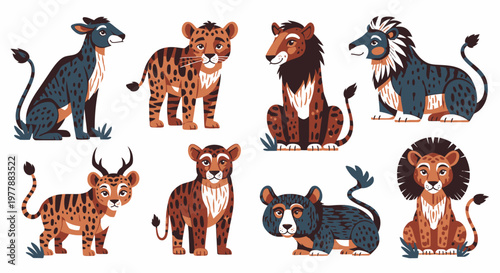 Colorful cartoon animals in rows.