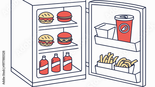 Open Refrigerator Filled with Food: A refrigerator, its door ajar, reveals a tempting array of culinary delights, from burgers and fries to soda.