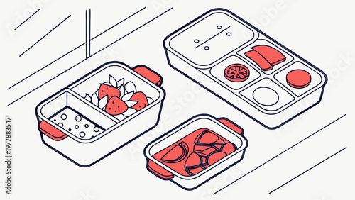 Lunchtime Essentials: A vibrant array of organized bento lunch boxes showcases an artistic arrangement of healthy food selections.