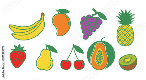 Colorful fruit icons in cartoon style.