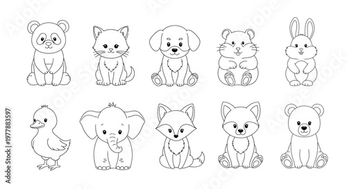 Cute cartoon animals sitting in line.