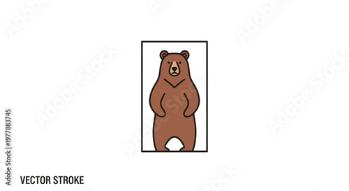 Brown Bear Standing Upright Inside a Simple Rectangle Frame, Minimalist Vector Illustration
