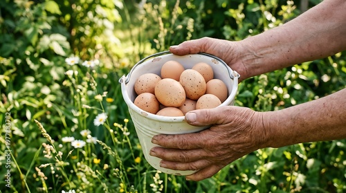 Hands Holding Fresh Eggs In Bucket Amidst Green Garden Plants