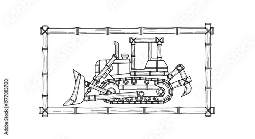 Bulldozer with Ripper and Blade in Bamboo Frame, Line Art